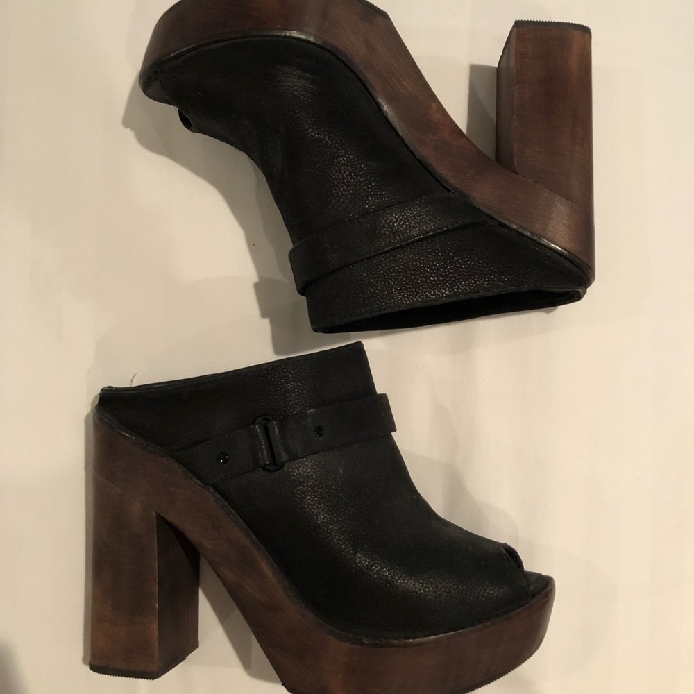 Joie Black Leather Wooden Mules